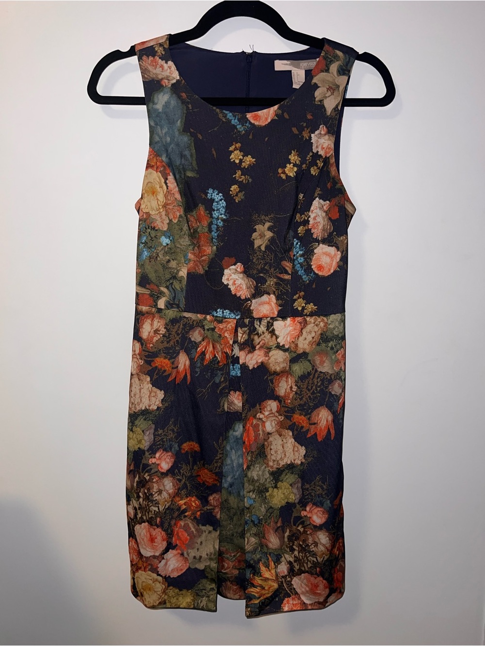 Forever 21 Navy Floral Midi Sheath Dress with Coral and Green Accents